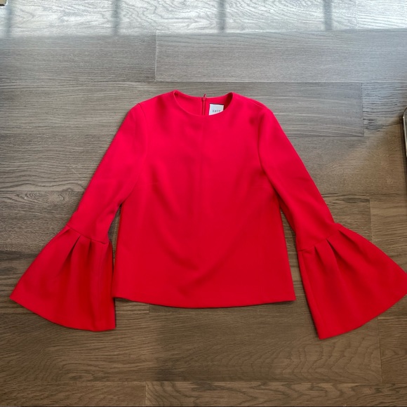 EDIT Flute Sleeve Frill Crepe Top Red Sz Small - Picture 1 of 9